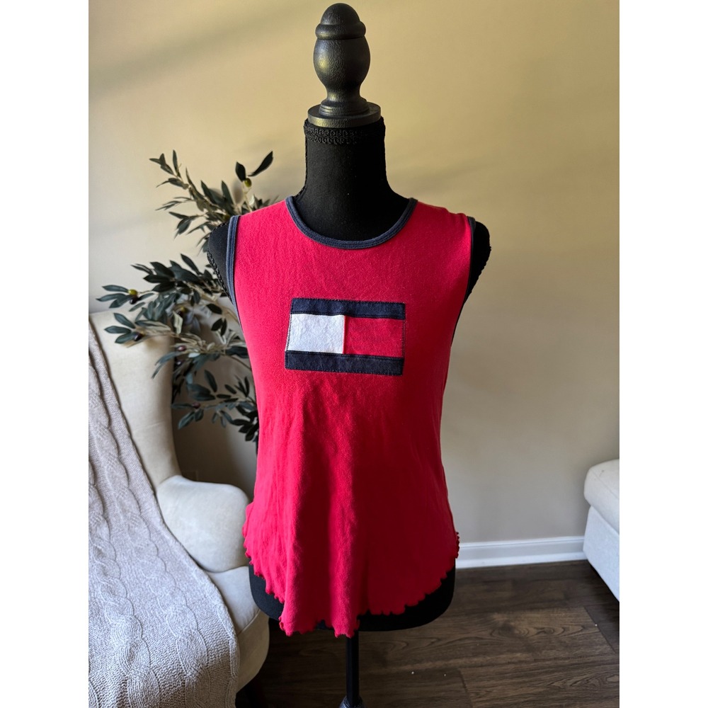 Vintage Tommy Hilfiger Jeans Red Ringer Tank Top Flag Logo Lettuce Hem Medium